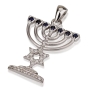 18K White Gold Menorah and Star of David Pendant with Diamonds and Sapphire Stones - 1