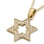 14K Yellow Gold Star of David Outline Pendant Necklace With Cubic Zirconia Stones - 1