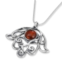 925 Sterling Silver Hamsa Necklace with Amber Stone - 2