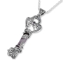 925 Sterling Silver Key Necklace with Leaf Pattern & Amethyst  - 1