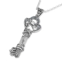 925 Sterling Silver Key Necklace with Leaf Pattern, Crystal & White Topaz - 1
