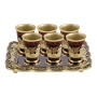 Enameled and Jeweled Pewter Set of 6 Kiddush/Liqueur Cups with Tray - Jerusalem (Night) - 1