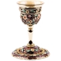 Enameled and Jeweled Stemmed Pewter Kiddush Cup and Saucer - Flowers - Brown with Emerald Crystals - 1