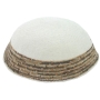 Extra Large Knitted White Kippah with Beige Border - 1