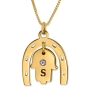 Gold Plated Initialized Horseshoe Necklace with Hamsa and Crystal (Hebrew / English) - 1
