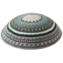 Knitted Kippah with Beige, Brown and Olive Green Design - 1