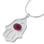Sterling Silver Hamsa Necklace with Ruby Stone - 1