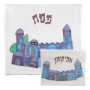 Yair Emanuel Painted Silk Matzah Cover and Afikoman Bag - Old Jerusalem (Blue) - 1