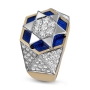 14K Yellow & White Gold Star of David Diamond Ring with Blue Enamel  - 3
