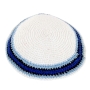 Knitted White Kippah with Parallel Blue and Black Borders - 1
