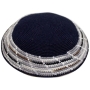 Knitted Navy Blue Kippah with Gray and White Border - 1