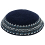 Knitted Navy Blue Kippah with Turquoise and Brown Border - 1