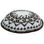 Knitted White Kippah with Brown and Black Designs - 1