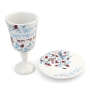 Ceramic Birds and Pomegranates Kiddush Cup and Saucer -  with Stem - 4