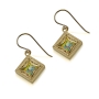 14K Gold and Roman Glass Filigree Framed Square Earrings  - 1
