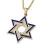 Grand 14K Yellow Gold and Blue Enamel Interlocking Star of David Pendant Necklace With Cubic Zirconia Stones - 1