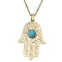 14K Yellow Gold Filigreed Hamsa Pendant Necklace With Turquoise Stone - 5