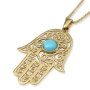 14K Yellow Gold Filigreed Hamsa Pendant Necklace With Turquoise Stone - 2