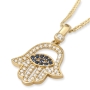 14K Yellow Gold and Cubic Zirconia Hamsa Pendant Necklace With Evil Eye Design - 3