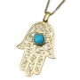 14K Yellow Gold Filigreed Hamsa Pendant Necklace With Turquoise Stone - 4
