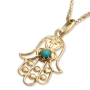Ornate 14K Yellow Gold Hamsa Pendant Necklace With Turquoise Stone - 2