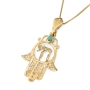 14K Gold Women’s Hamsa and Chai Pendant with Ornate Design and Turquoise Stone - 2