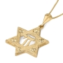 14K Gold Women's Large Textured Star of David and Chai Pendant with Stars - 3