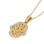 14K Gold Hamsa Pendant with Foliate Design and Lined with Diamonds - 3
