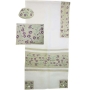 White Tallit Set with Beige Panels and Purple Pomegranates - 1