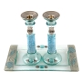 Painted Glass Column Candlesticks with Tray: Flowers & Pomegranates (Blue). Lily Art - 1