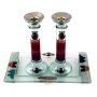 Painted Glass Column Candlesticks with Tray: Pomegranates (Red). Lily Art - 1
