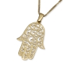 14K Yellow Gold Hamsa Pendant Necklace With Ornate Filigree Design - 3
