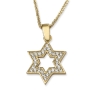 14K Yellow Gold Star of David Outline Pendant Necklace With Cubic Zirconia Stones - 3