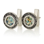 925 Sterling Silver Roman Glass Cufflinks with Blackened Silver Detail - 1