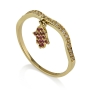 14K Yellow Gold and Diamond Ring with Hanging Ruby Hamsa - 1
