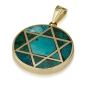 14K Gold and Eilat Stone Round Star of David Pendant - 1