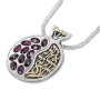 Sterling Silver Pomegranate Necklace with 9K Gold Eshet Chail and Garnet Stones - Proverbs 31:10 - 1