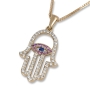 14K Gold Diamond Hamsa Pendant with Pink and Blue Sapphire Evil Eye - 1