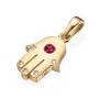 Thick 18K Gold Hamsa Pendant With Red Ruby Stone and 5 White Diamonds (Choice of Color) - 1