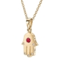 Thick 18K Gold Hamsa Pendant With Red Ruby Stone and 5 White Diamonds (Choice of Color) - 3