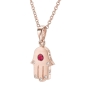 Thick 18K Gold Hamsa Pendant With Red Ruby Stone and 5 White Diamonds (Choice of Color) - 5