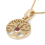 14K Yellow Gold Round Tree of Life Pendant Necklace With Ruby Stone - 2