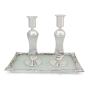 Tall Handmade White Glass and Sterling Silver-Plated Shabbat Candlesticks - 2