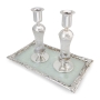 Tall Handmade White Glass and Sterling Silver-Plated Shabbat Candlesticks - 3