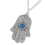 Traditional Yemenite Art Handcrafted Sterling Silver and Agate Hamsa Necklace With Rope Motif - 1