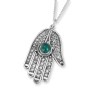 Traditional Yemenite Art Handcrafted Sterling Silver and Green Agate Stone Hamsa Necklace With Rope Motif - 1