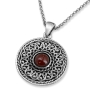 Sterling Silver Decorative Shema Yisrael Necklace with Garnet Stone - 1