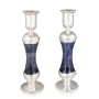 Tall Handmade Dark Blue Glass and Sterling Silver-Plated Shabbat Candlesticks - 2