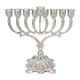 Nickel Hanukkah Menorah with Floral Motif & Base  - 2