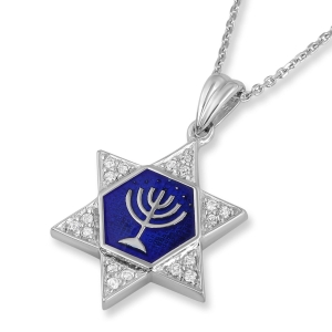 14K White Gold Star and Enamel Star of David Necklace with Menorah and Diamond Points